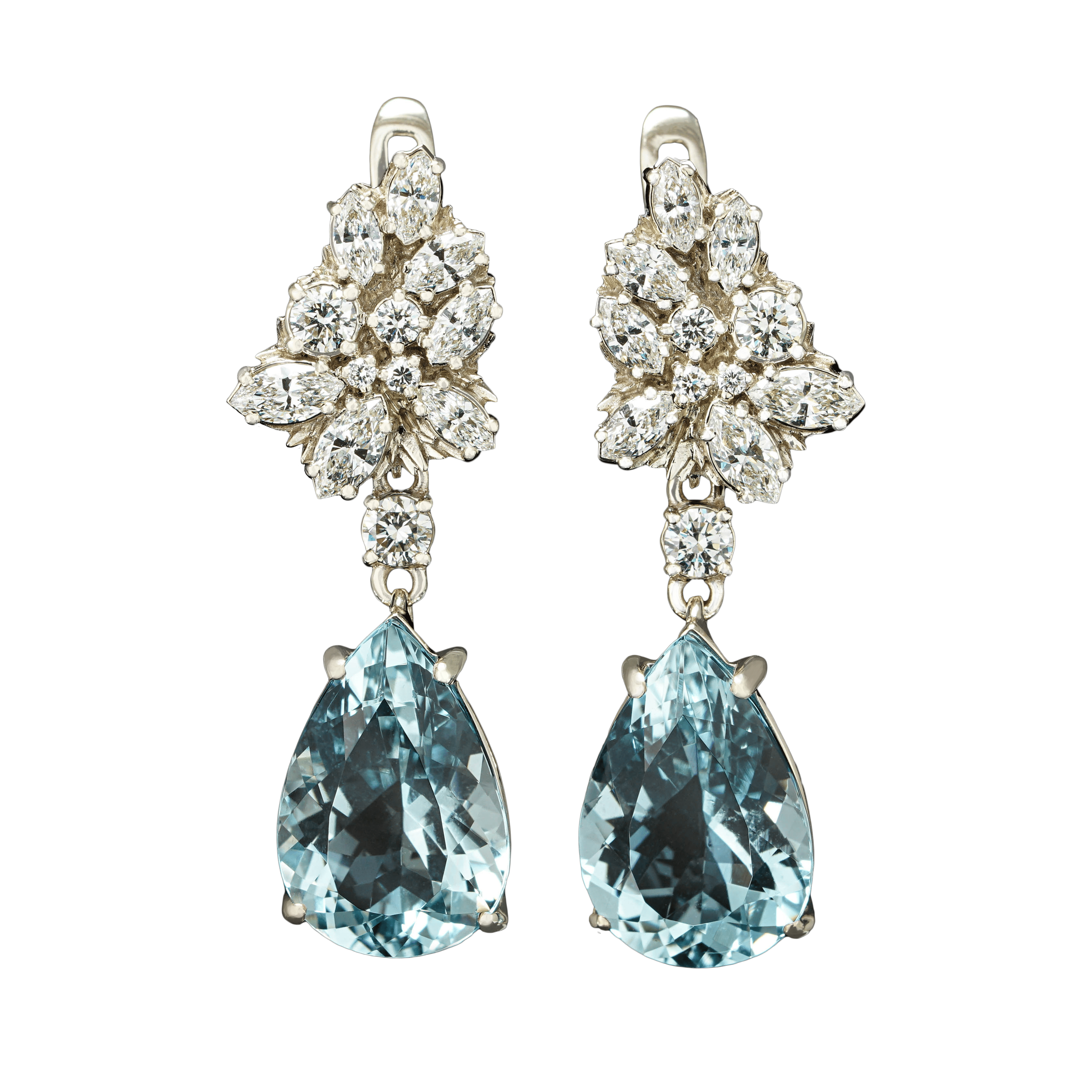 Метіда — сережки Kochut з білого золота з діамантами та аквамаринами, створені як індивідуальне замовлення