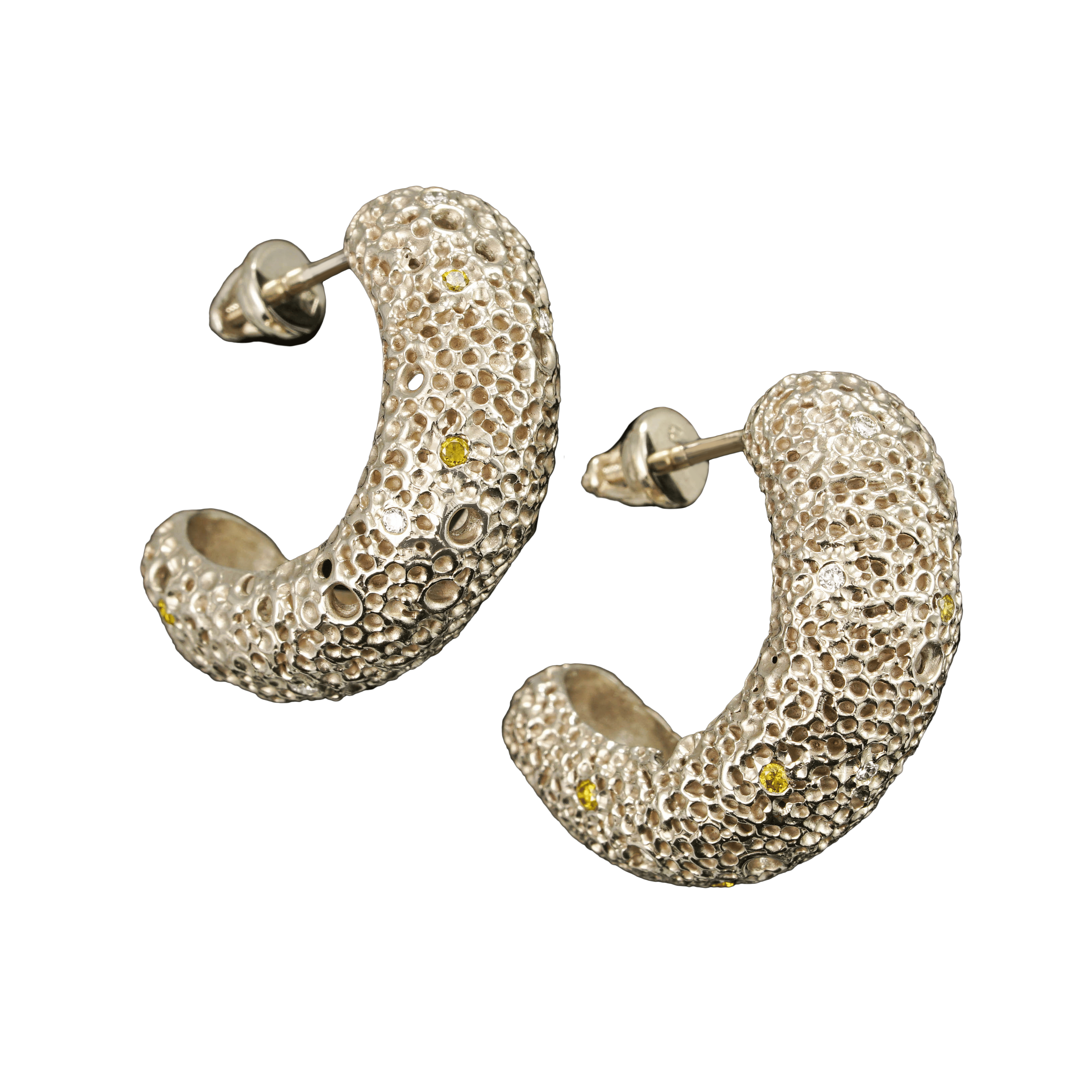 Пояс астероїдів — сережки Kochut з білого золота з білими та жовтими діамантами, виготовлені на індивідуальне замовлення