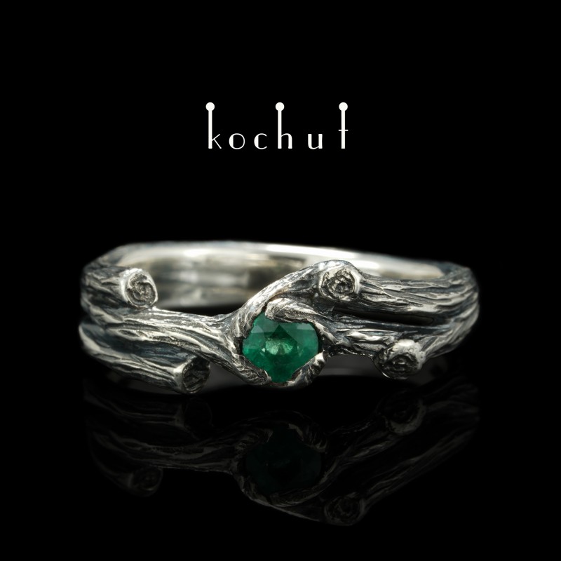 Ring «Twig». Silver, emerald, oxidation