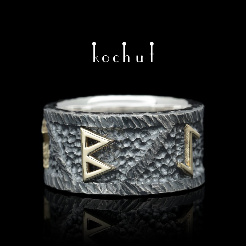 Ring «Runic Force». Silver, yellow gold, oxidized 