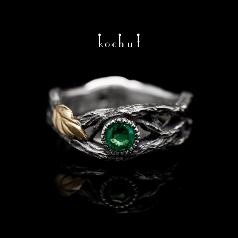 Ring "Forest Fairy". Silver, yellow gold, emerald, oxidized