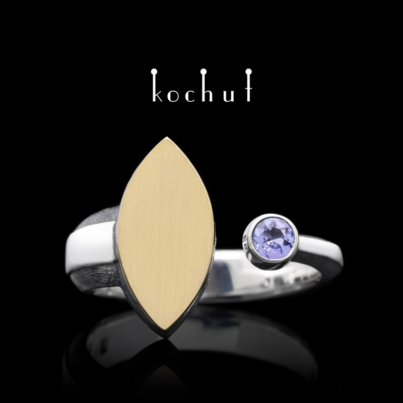 Ring "Golden Leaf". Silver, gold, tanzanite