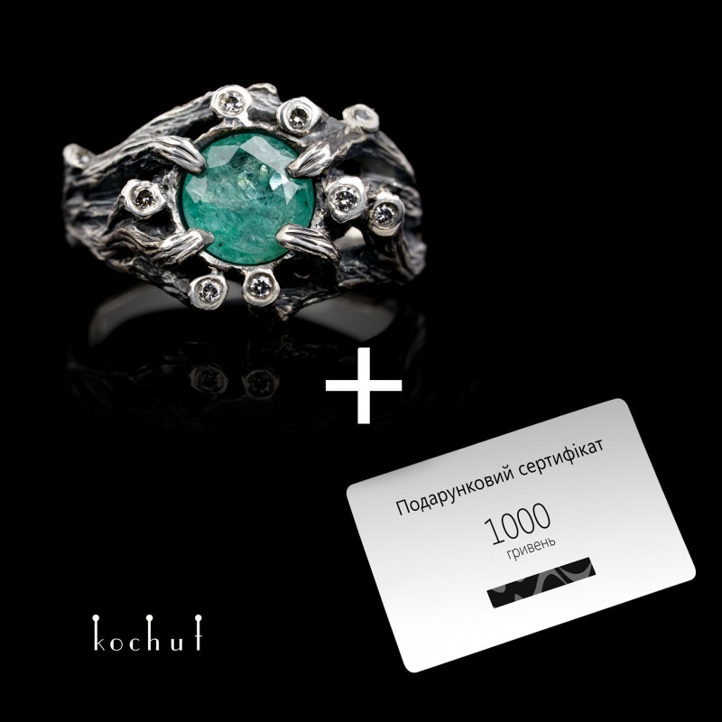 Ring «Enchanted forest». Silver, emerald, cubic zirconia, oxidized + Certificate «1000 UAH»