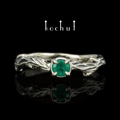 Ring «March twig». White gold, black rhodium, emerald