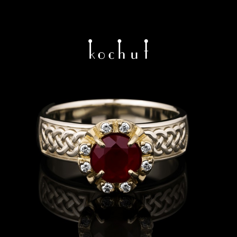 Engagement ring «Grand Imperium». White and yellow gold, ruby, diamonds
