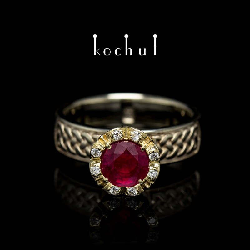 Engagement ring «Grand Imperium». White and yellow gold, ruby, diamonds