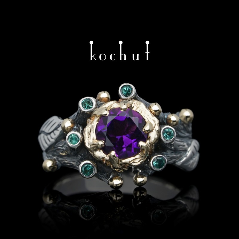 Ring "The Triumph of Life". Silver, yellow gold, amethyst, emeralds, oxidized