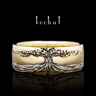 Prsten «Strom života s kořeny». Žluté zlato, černé rhodium