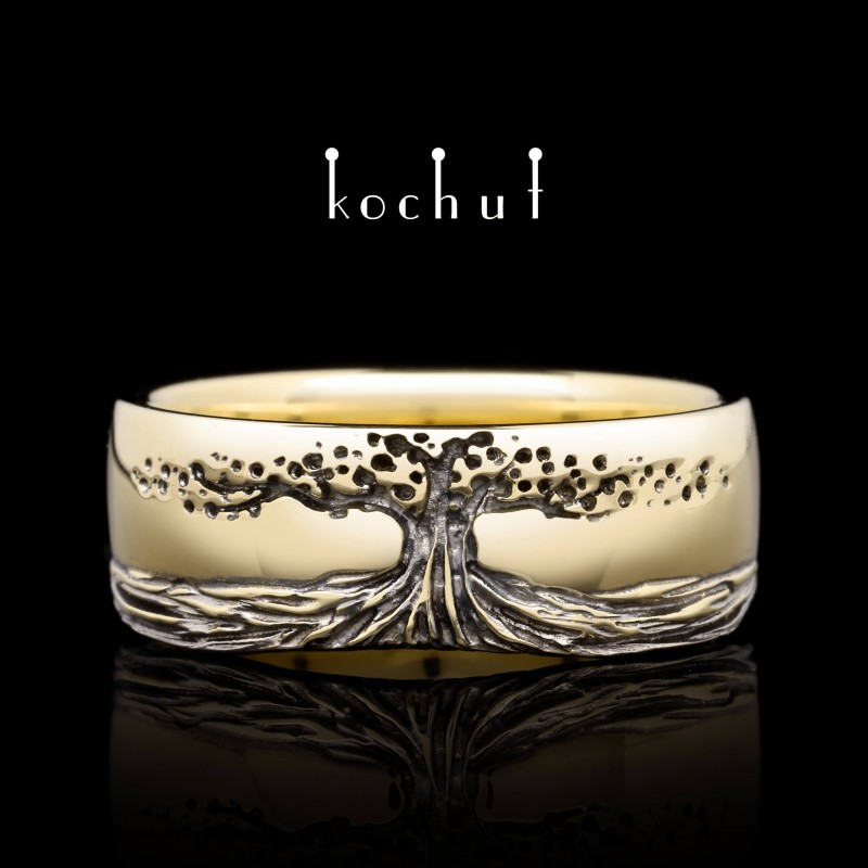 Wedding ring «Tree of Life: roots». Yellow gold, black rhodium