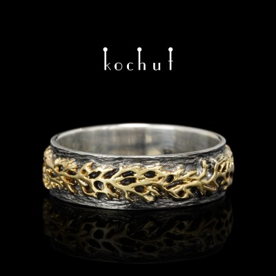 Wedding ring «Forest». Silver, yellow gold, oxidized