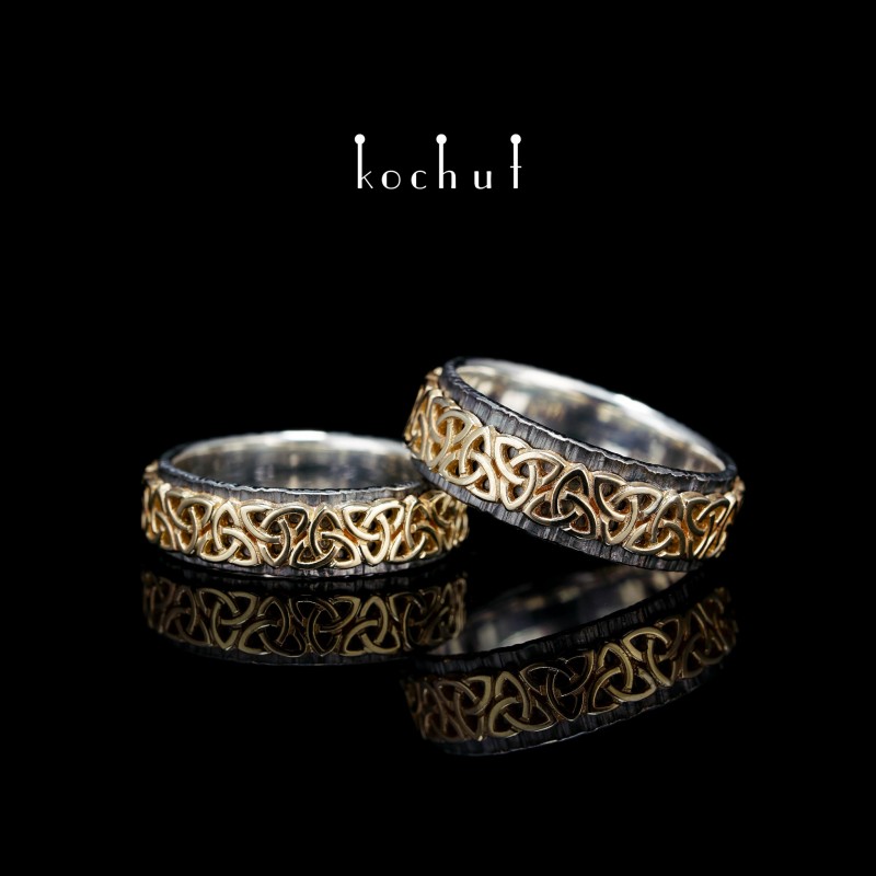 Snubní prsteny «Keltský vzor». Stříbro, žluté zlato, oxidace