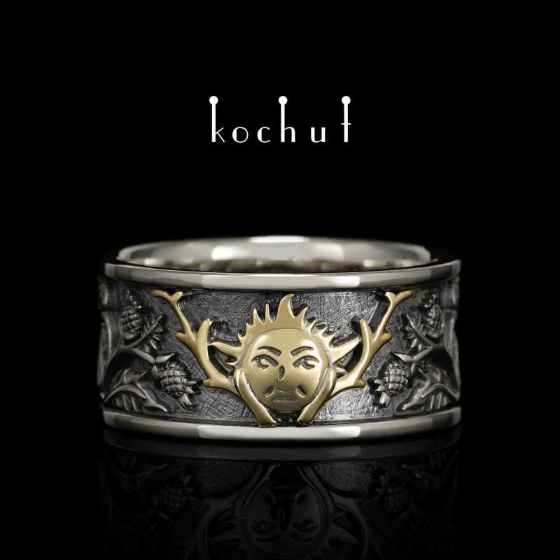 Flat-shaped wedding ring «Alchemy of Love. Sun». Silver, yellow gold, oxidation
