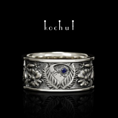 Flat-shaped wedding ring «Alchemy of Love. Moon». Silver, sapphire, oxidized