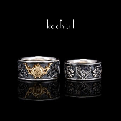 Flat-shaped wedding rings "Alchemy of Love". Silver, gold, sapphire, oxidized