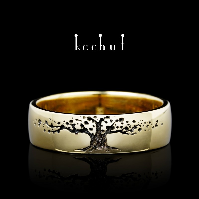 Snubní prsten «Strom života». Žluté zlato, černé rhodium