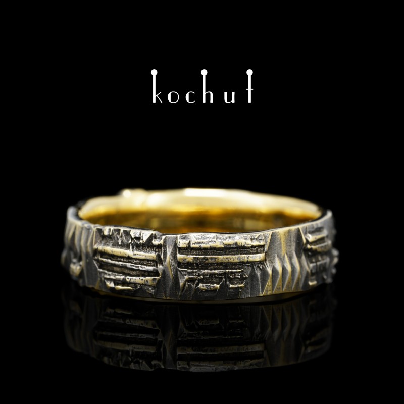Snubní prsten «Kód lásky». Žluté zlato, černé rhodium