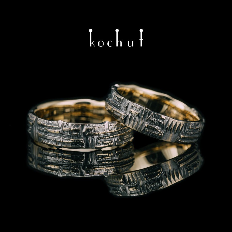 Snubní prsteny «Kód lásky». Žluté zlato, černé rhodium