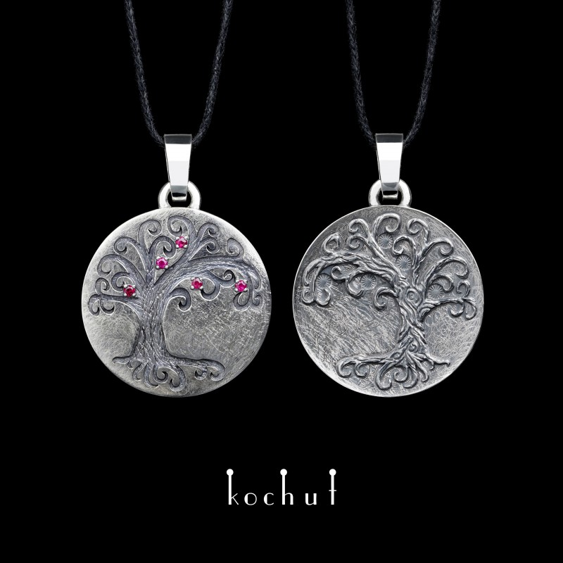 Double pendant «Ask and Emble». Silver, rubies, oxidation