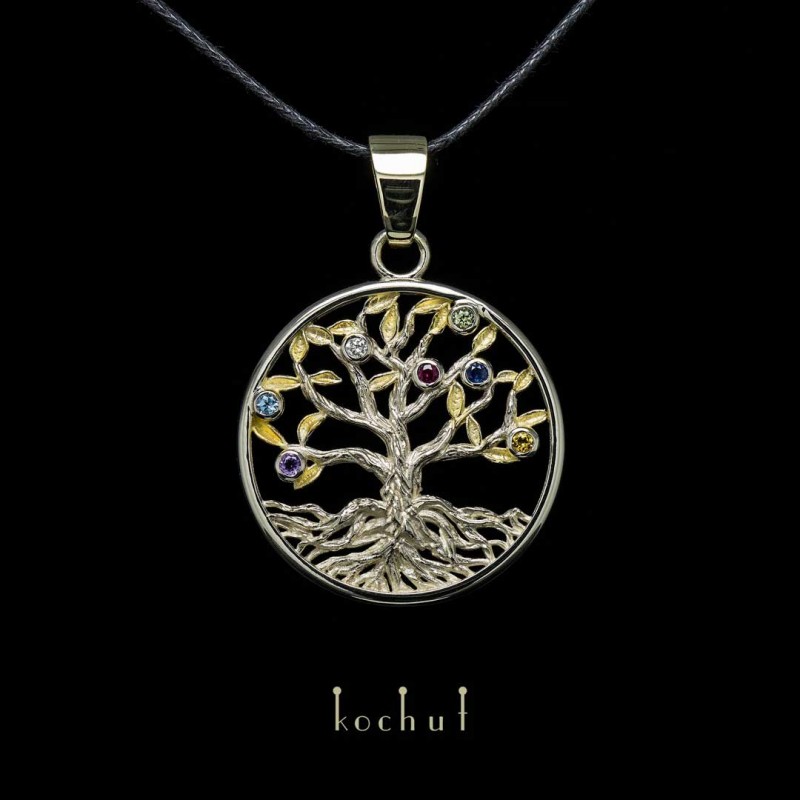 Přívěsek «Strom života s plody». Bílé zlato, pozlacení, drahokamy