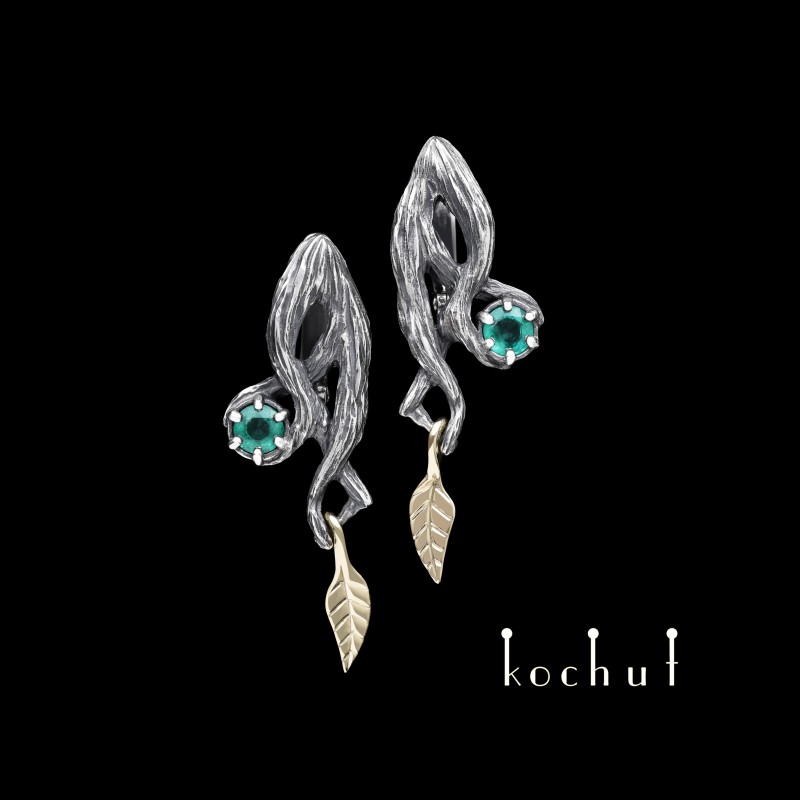 Earrings "Forest Fairy". Silver, gold, emeralds
