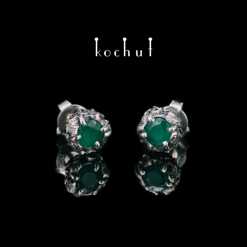 Earrings «Sun Forest». Silver, emeralds, oxidation