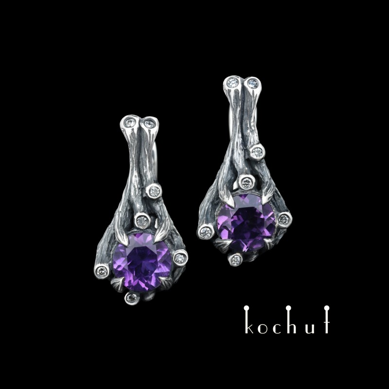 Earrings "Bewitched forest". Silver, amethysts, diamond, oxidized  