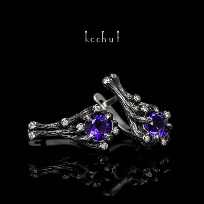  Earrings "Bewitched forest" engl. lock. Silver, amethysts, diamond, oxidation 