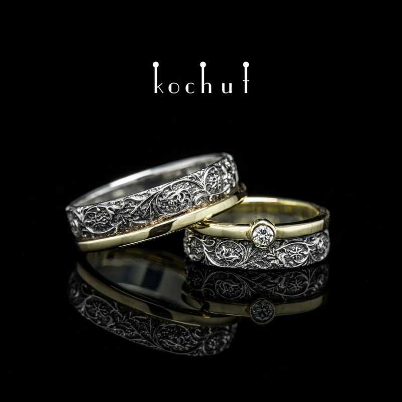Wedding Rings "Harmony Of Nature". Yellow gold, sterling silver, diamond