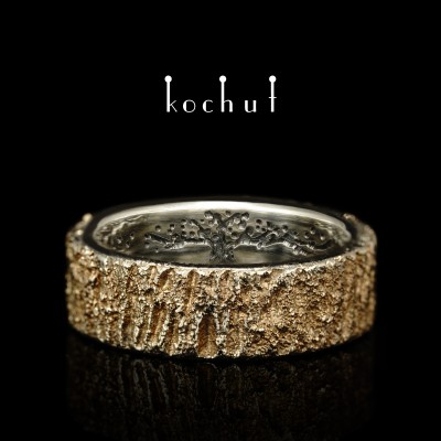 Обручальное кольцо «Кора с деревом жизни внутри». Серебро, наплавление золота