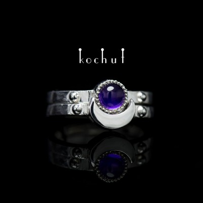 Double ring "Heavenly Duet". Silver, white rhodium, amethyst