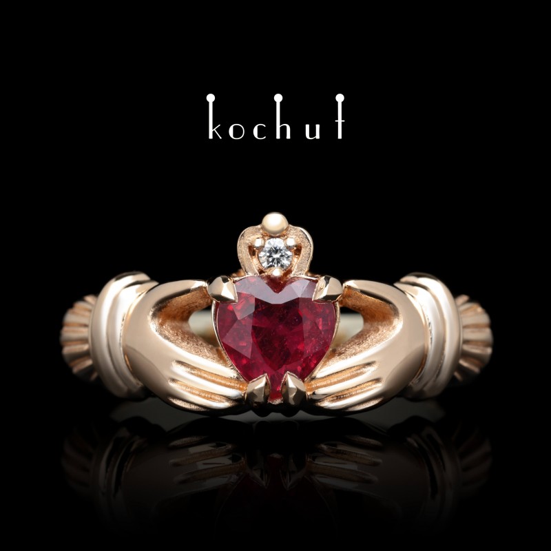 Engagement ring «Claddagh: love». Red, white gold, ennobled ruby, diamond