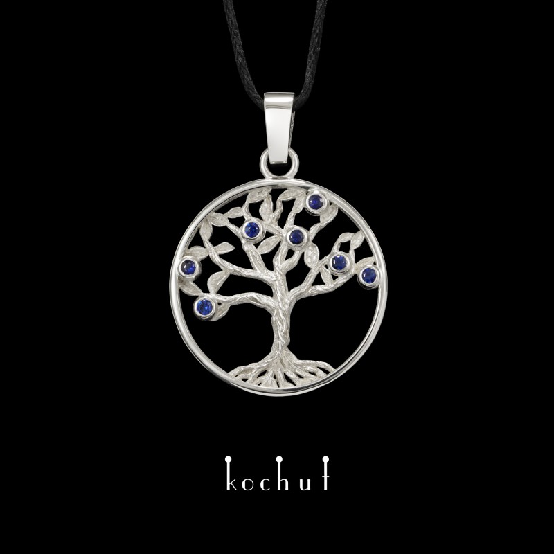 Pendant «Tree of life: fruits». Silver, sapphires, white rhodium