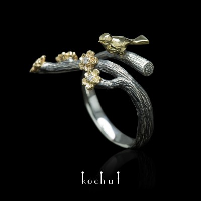 Ring «Bird and flowers». Silver, gold, diamonds