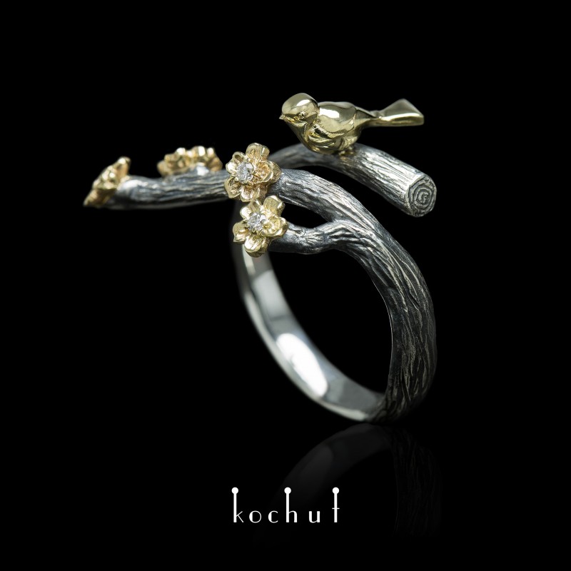 Ring "Bird And Flowers". Silver, gold, diamonds