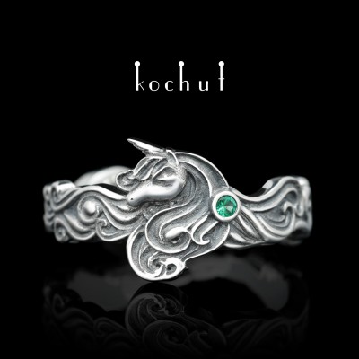 Ring «Unicorn». Silver, oxidized, emerald