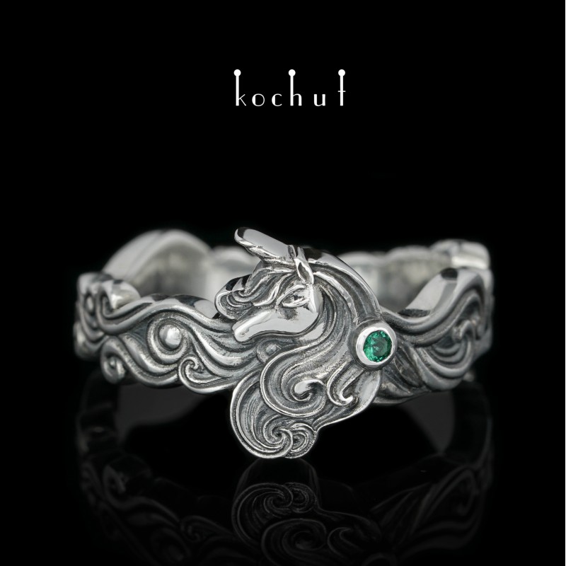 Unicorn — silver ring with emerald