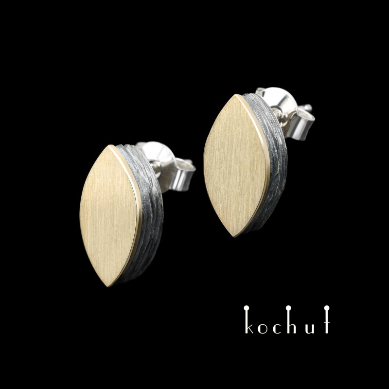 Stud earrings «Golden Leaf». Silver, yellow gold, oxidized