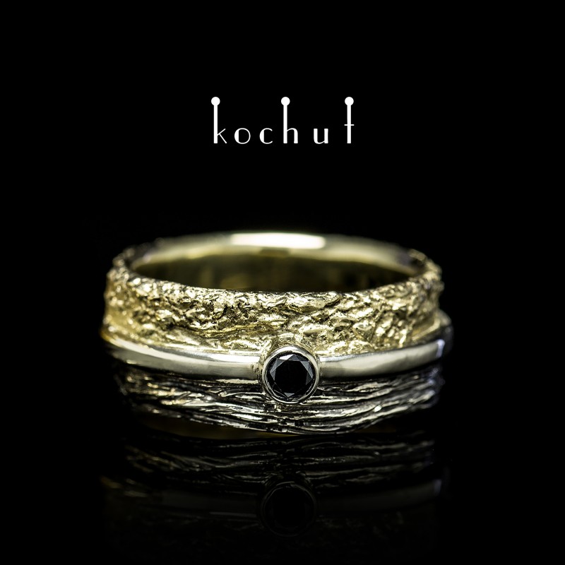 Обручальное кольцо "В радости и в печали" с корой. Белое, желтое золото, черный бриллиант