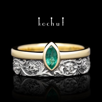 Wedding ring «Harmony of nature». Silver, yellow gold, emerald, diamonds, black rhodium