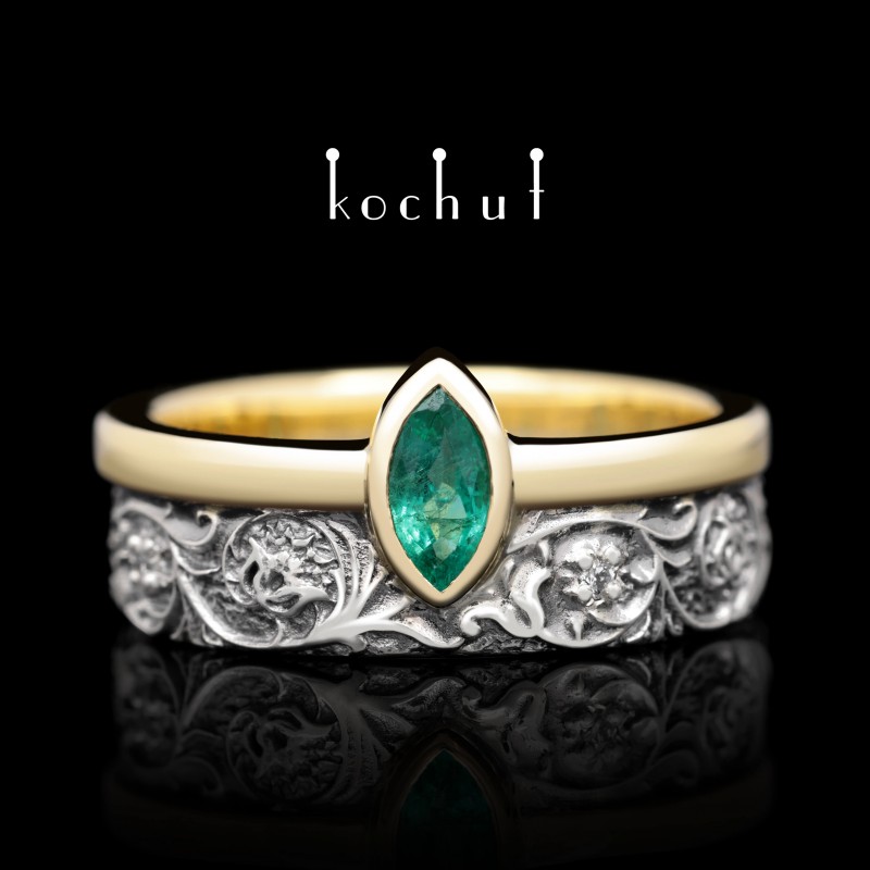 Snubní prsten «Harmonie přírody». Stříbro, zlato, smaragd, brilianty