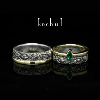 Wedding rings "Harmony of nature". Silver, gold, emerald, diamonds