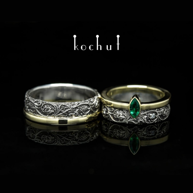 Snubní prsteny «Harmonie přírody». Stříbro, zlato, smaragd, brilianty