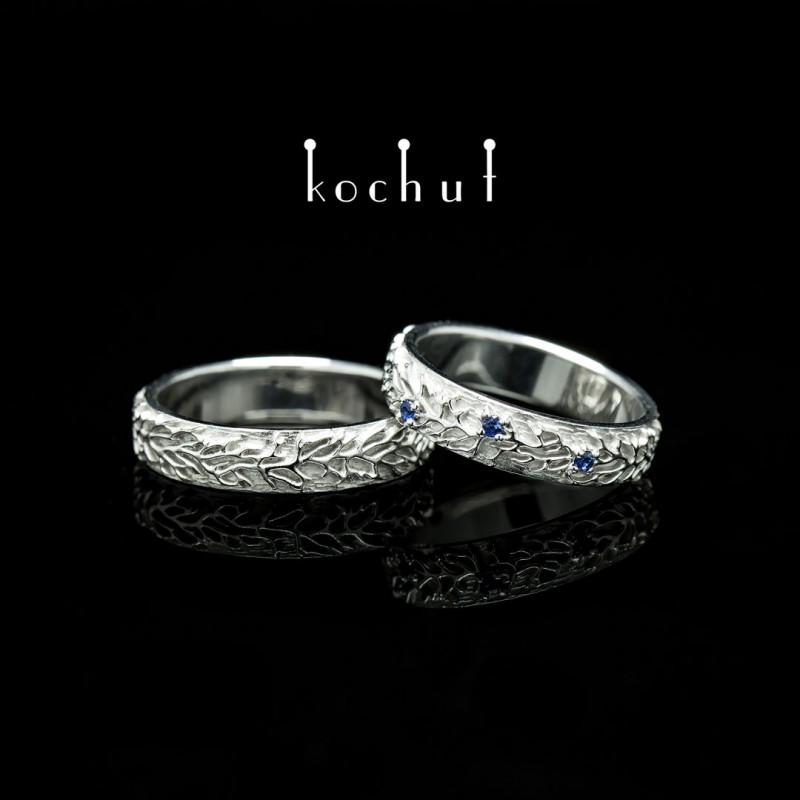 Snubní prsteny «Lesní». Bílé zlato, bílé rhodium, safíry