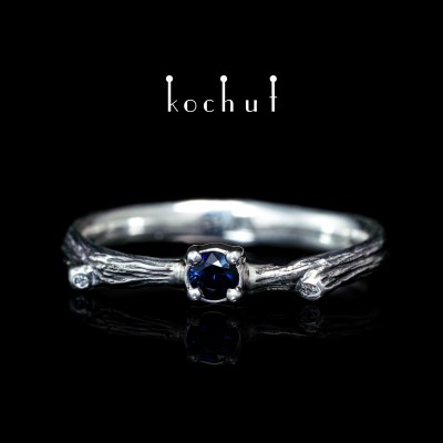 Ring "Fragile twig". Silver, sapphire, oxidation