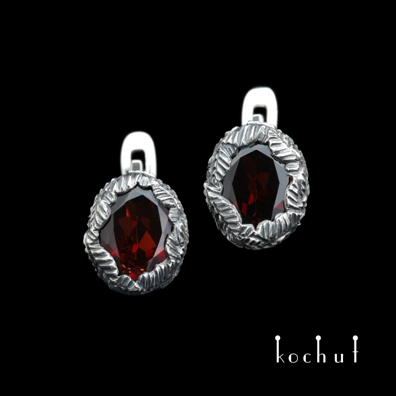 Earrings «The source of life». Silver, oxidation, red garnets 
