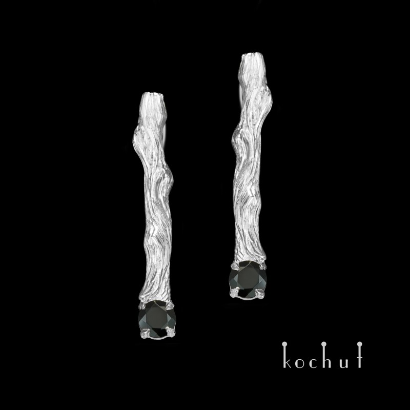 Earrings «Twigs». Silver, white rhodium, black spinel