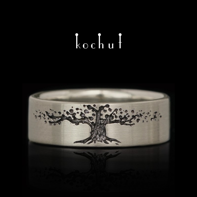 Plokščios formos vestuvinis žiedas „Gyvybės medis“. baltas auksas