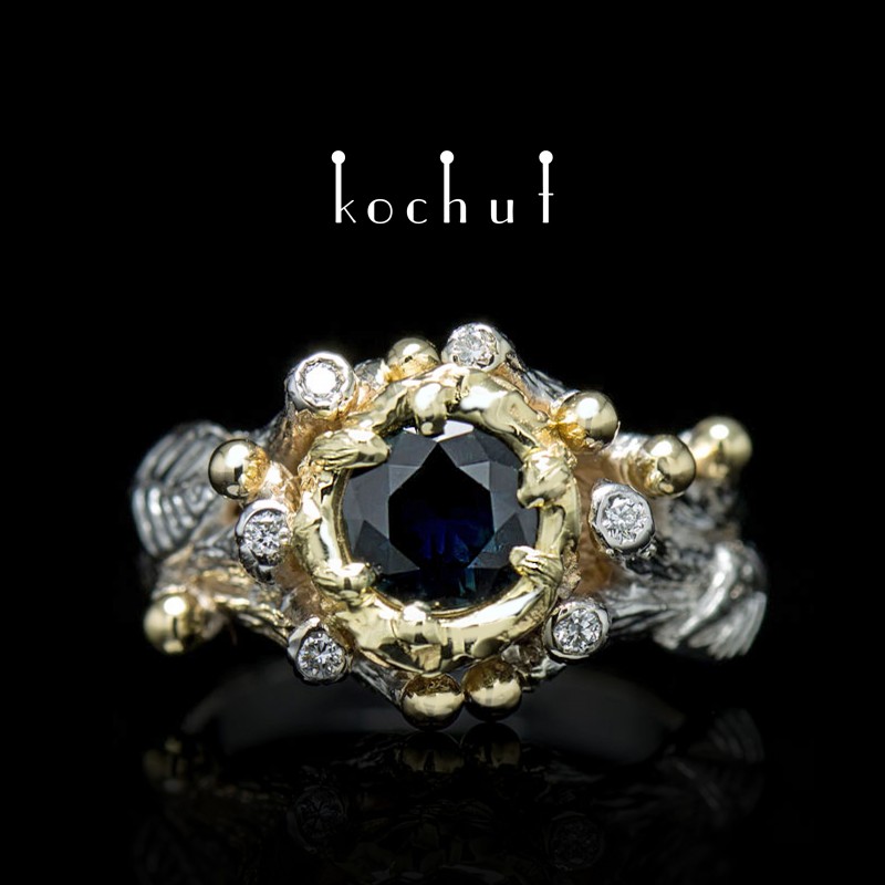 Engagement ring "Triumph of Life". White, yellow gold, sapphire, diamonds, white rhodium
