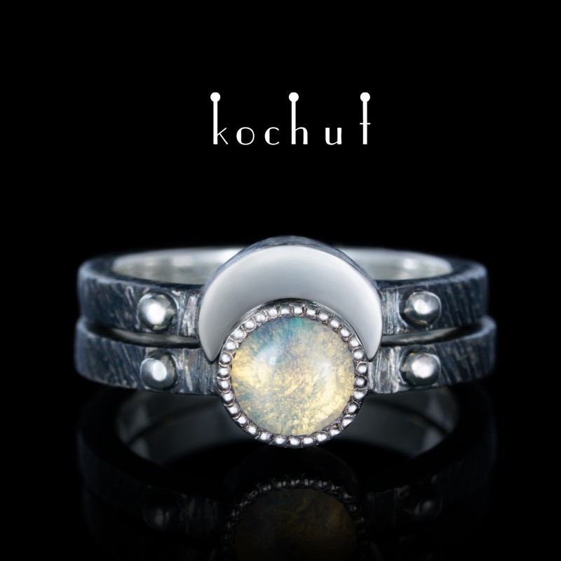 Double ring «Moon duet». Silver, opal, oxidized