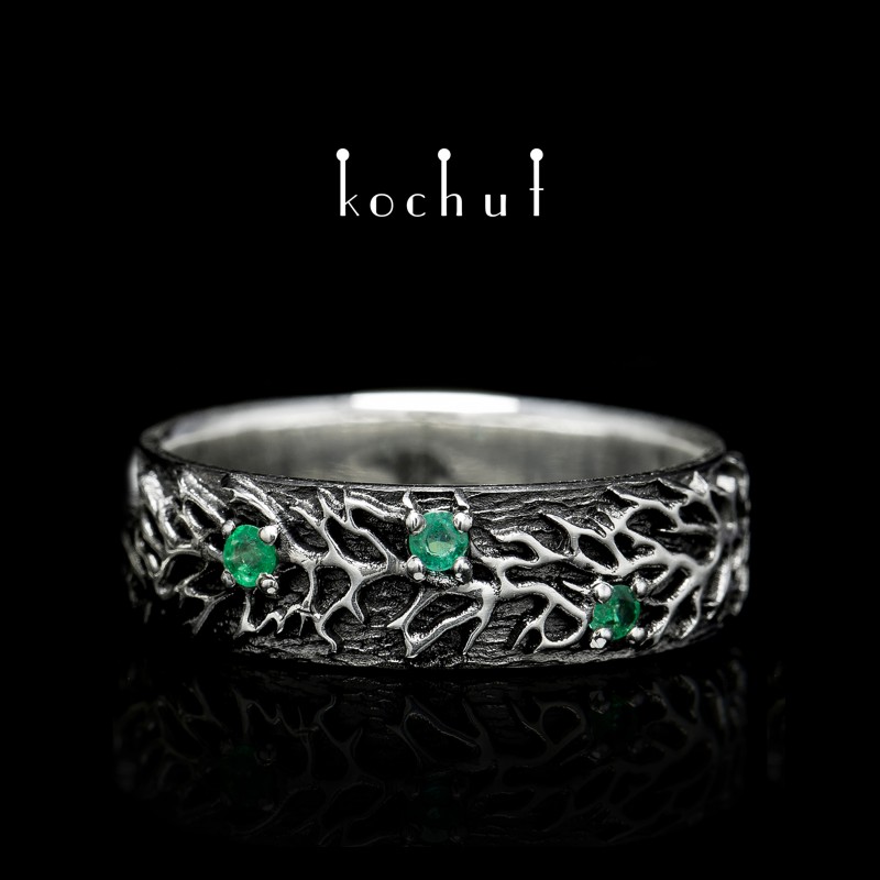 Wedding ring «Forest». Silver, emeralds, oxidation